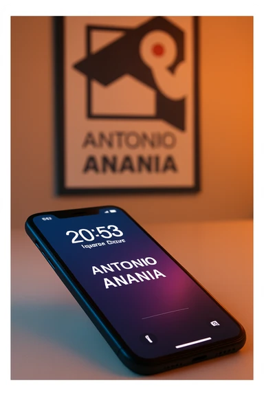 A photo of an iPhone on the desk with the message "Antonio Anania" on its screen, The phone sits atop a desk with a blurred background that suggests work environment. A faint glow from above casts gentle shadows across the surface of each object, creating depth and highlighting their textures sticker