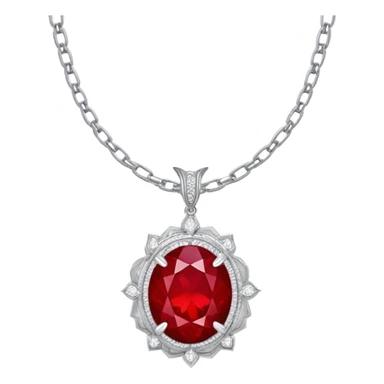 phoenix-inspired ruby pendant, deep red with a pulse of light, silver chain and white stone halo sticker