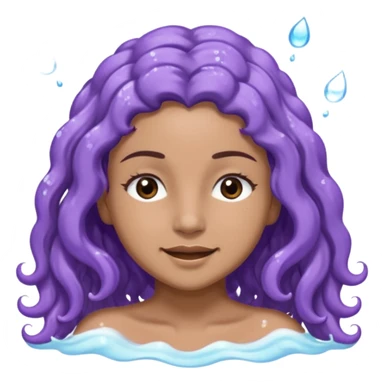Sticker 3D joven de piel morena clara, ojos marrón oscuro y pestañas largas. Cabello castaño ondulado extralargo hasta la mitad de los glúteos. Viste DE lavanda. con abundante espuma  sobre su cabeza y manos en el pelo, ojos cerrados, expresión feliz. Render con destellos de agua. sticker