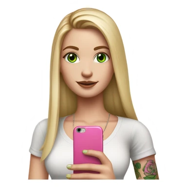 Realistic White girl with Long straight blonde hair, green eyes, tattoos, full body wearing white crop top, holding pink phone sticker