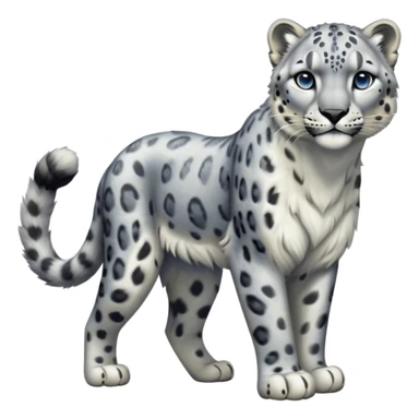 Cinematic-Snow-Leopard-Realistic-Full-Body-Standing-Emoji – Tail curled gracefully, head tilted dramatically, dense spotted fur shimmering in the cold mountain air, powerful yet elegant frame, simplified yet realistic focused features, highly detailed, glowing with an almost sarcastic glow. sticker