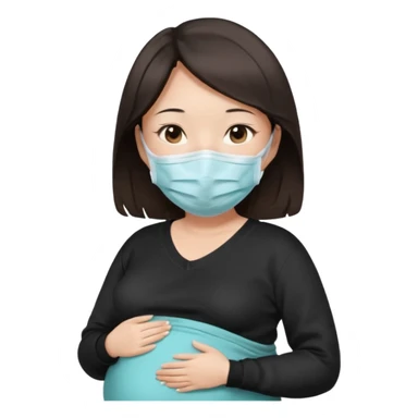 a pregrant chinese lady with dark brown hair? Hair lengt above shoulder, wearing medical face mask, i wanna see the pregnant belly with black sweater sticker