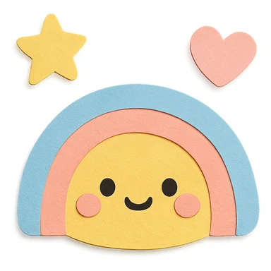 kawaii tiny rainbow, floating star and heart, soft pastel palette, no arms or legs, transparent background, full body, paper craft style sticker