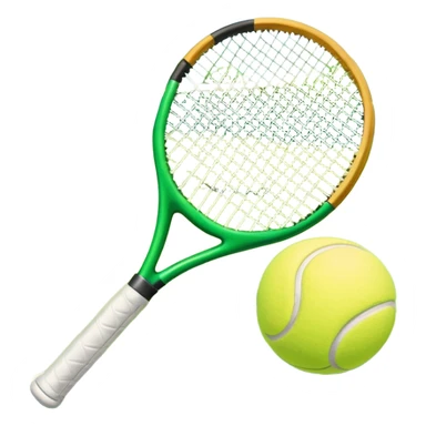 A tennis racket and a ball placed on a grassy court, with the net visible in the background. The scene captures the elegance and energy of the sport, with a vibrant green court and soft sunlight highlighting the equipment. sticker