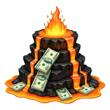 Transform the stack of money into lava money: make the bills appear to be melting and turning into glowing, molten lava with realistic textures and dramatic lighting. Keep the background transparent. The style should reflect a realistic molten lava effect with glowing and melting details. sticker
