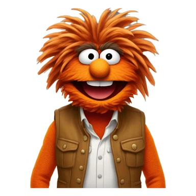 "Animal" the vibrant orange Muppet character with wild hair, large white eyes, and a wide, open mouth displaying sharp teeth. The Muppet is dressed in a colorful outfit consisting of a yellow vest, a red shirt, and brown pants sticker