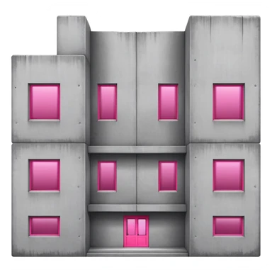 Gray concrete brutalist architecture with a single bright pink window and multiple regular windows sticker