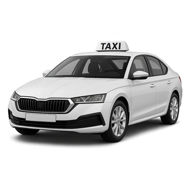 A modern taxi in white or silver, prominent 'TAXI' sign on the roof, no yellow elements on the vehicle sticker