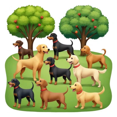 Collage of various dog breeds like Doberman, Poodle, Dachshund, and Golden Retriever, playing in a park with trees and grass. Some dogs run, others sit, all are full of energy and happiness. A joyful, colorful scene with playful expressions. Transparent background. sticker