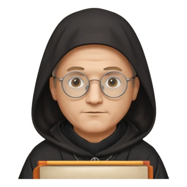 Monk priest prayer black habit with hood round black glasses done light brown wavy hair under hood remove the medallion smaller more round glassed age 46 remove necklace thinner or more oval face  sticker