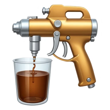 metal spray gun with clear sealed cup with brown liquid attached sticker