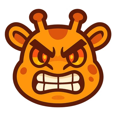 A fierce, determined cartoon giraffe face with furrowed brows, clenched teeth, and fiery eyes. The design should be bold and comically exaggerated, suitable for a 'grr' or 'tryhard' emote. Use sharp angles for the eyebrows, vibrant colors, and a clean, readable style even at small sizes. Cartoonish, kawaii-inspired style, vibrant toon sticker
