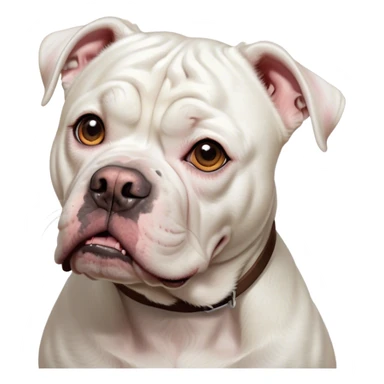 Cinematic Comical White American Bulldog Portrait Emoji, Head tilted dramatically with an exaggeratedly shocked or offended expression, short white fur with a slightly wrinkled forehead, wide, expressive brown eyes filled with exaggerated disbelief, Simplified yet hilariously expressive features, highly detailed, glowing with a slightly sassy glow, high shine, dramatic yet playful, stylized with an air of attitude, bright and endearing, soft glowing outline, capturing the essence of a sassy and over-the-top pup, so meme-worthy it feels like it could side-eye its way into internet fame instantly! sticker