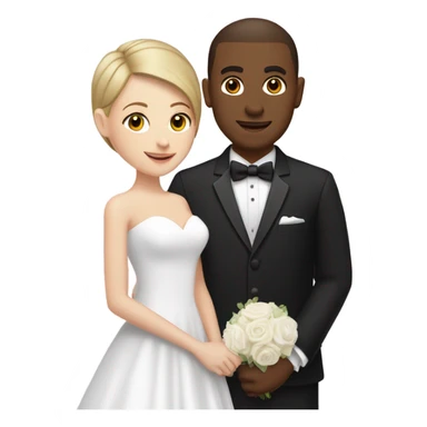 a white girl in a wedding dress with highlights in her short hair and a dark brown guy in a tux with a buzz cut  sticker