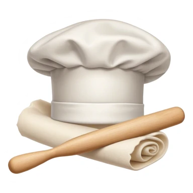 Cinematic Realistic Chef Hat & Rolling Pin, crisp white cotton hat with soft folds, resting beside a classic wooden rolling pin with smooth, polished curves, a light dusting of flour adding authenticity, warm kitchen lighting casting gentle shadows, glowing with a cozy and inviting charm. sticker