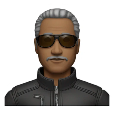 56 year old man, balled, brown eyes, black motorcycle suit, sunglasses on forehead sticker