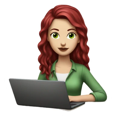 Slavic white girl with burgundy hair and green eyes with laptop on the table  sticker