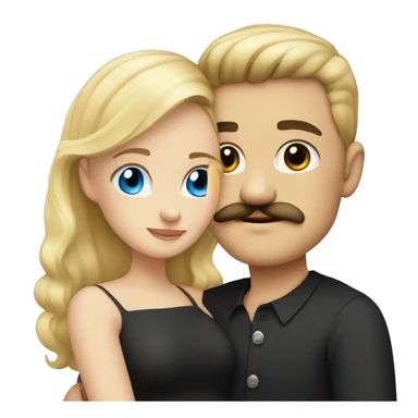 blonde blue eyed girl, hugging a man with black hair and black mustache sticker