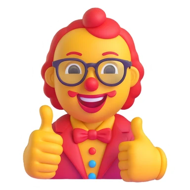 AI emoji with a smirk, wearing a clown nose and oversized glasses, giving a funny thumbs up to friends, comedic and cheerful sticker