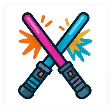 a pair of crossed lightsabers, one magenta and one blue, vibrant cartoon style sticker