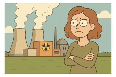 flat design of a nuclear power plant with two cooling towers, subtle steam, green field, environmental focus sticker
