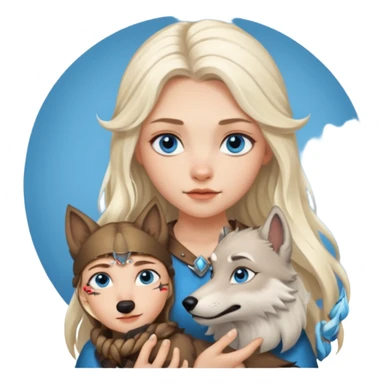 Viking platinum blonde girl with long hair, forelocks and blue eyes. Wolf pet sticker