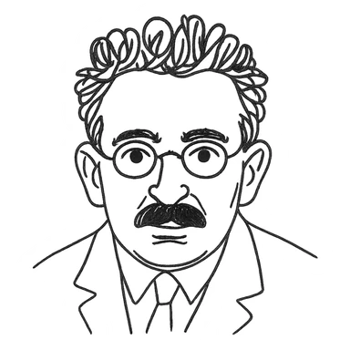 a hand drawn black outline portrait of Walter Benjamin with similar size eyes based a famous photograph of him sticker
