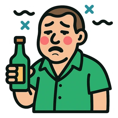 color outlined icon of a GTA character with flushed face, swaying, holding a bottle, comic style sticker