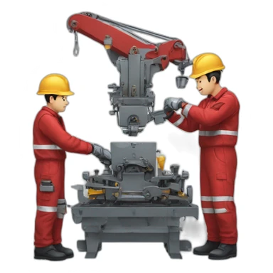 a team of two people disassembling industrial machinery with red uniforms sticker