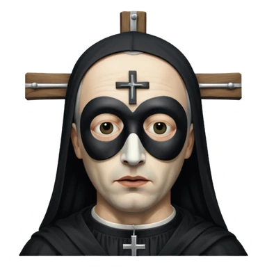 cinematic ultra HD portrait of Joel-Peter Witkin, an American photographer known for his provocative and controversial works, he wears a small black mask with a crucifix over his eyes sticker