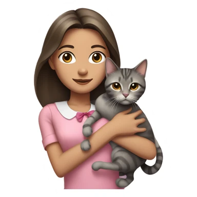 Brunette girl with straight hair in a pink blouse, holding a gray, striped, brown-eyed cat with a bow in her arms sticker