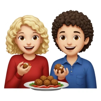 Ragazza bionda leggermente riccia che ride ad un ragazzo con i capelli ricci scuri mentre mangia polpette sticker