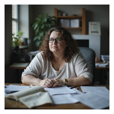 obese woman sitting at a desk, lost and tired look, surrounded by papers and computer, realistic atmosphere, hyperrealistic 4K details, office environment, signs of cognitive slowing sticker