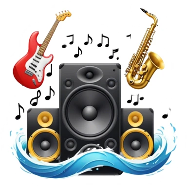 Icon for R&B Music Listening: large concert speakers and headphones with waves of musical notes coming out, along with drums, bass guitar and saxophone. The icon should convey the energetic and rhythmic vibe of R&B music. Transparent background sticker