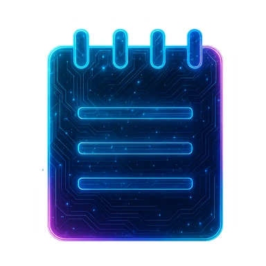 Transform the Windows Notepad icon into a cyberpunk, holographic style with glowing neon blue and pink edges, circuit patterns throughout the entire icon, and a transparent background. Maintain the recognizable notepad shape with spiral binding and lines, overlaying neon and circuit effects in a consistent futuristic, clean cyberpunk glow style with intricate circuit details, similar to previous cyberpunk icons. sticker