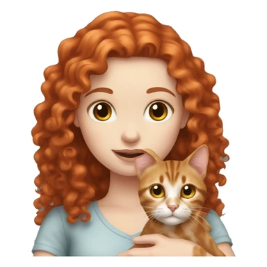 Pale skin Red hair curly girl holding tabby cat sticker