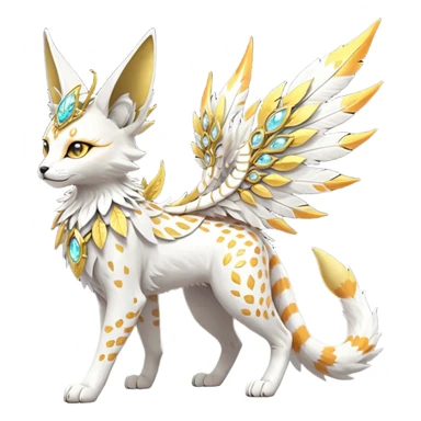 Epic complex fantasy glorious detailed futuristic divine godly angelic feathery sunny, white, albino, pastel, golden, orange glowing sparkly, realistic Fakémon-Sprigatito-Floragato-Meowscarada-Trico-Sergal-Serval-Solgaleo-Vernid-creature (full body) solarpunk, shiny sparkly with a gold laurel sticker