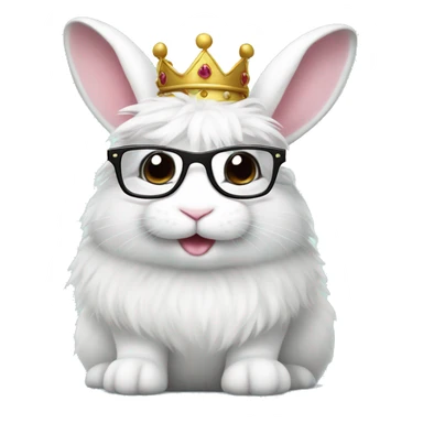 cute super fluffy white bunny with glasses wearing a crown sticker