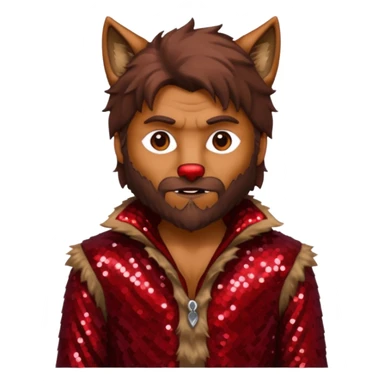 The Wolf Man with tan skin brown hair and fur, dark red sequin outfit sticker