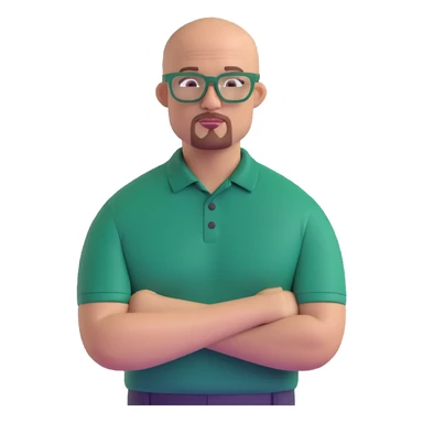 muscular bald man with a red chin goatee, wearing a dark green polo shirt and dark green glasses sticker