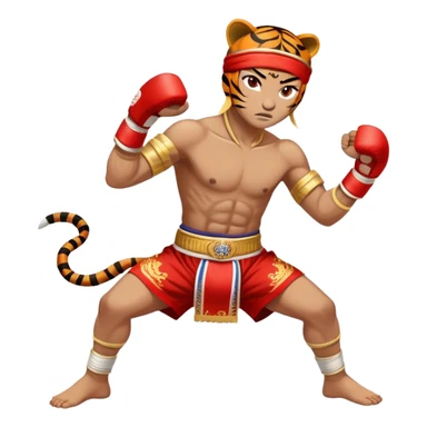 A fierce Muay Thai fighter wearing traditional mongkhon headband and elbow/knee wraps, in fighting stance with a tiger-like intensity, compact and stylized, with gold and red accents sticker
