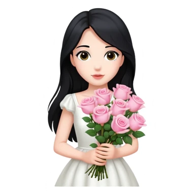A beautiful girl with long black hair and a white dress is holding a bouquet of pink roses sticker