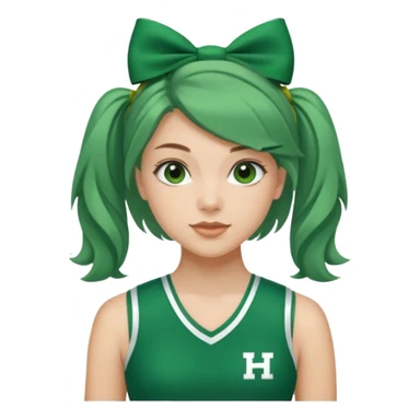 Sydney Taylor with green Hawkins Cheerleader no sleeve uniform, green bow on her hair sticker