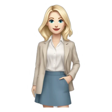 pale skin woman interior designer with cold blonde middle length hair, blue eyes, beige blouse, White oversize jacket, Gray skirt holding a color palette in the hands sticker