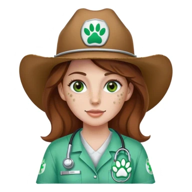Pale Woman with brown hair and green eyes and freckles on her cheek bones wearing scrubs that have a paw print logo on the scrubs  and a cow girl hat sticker