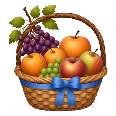 A basket with a blue ribbon on the handle sticker