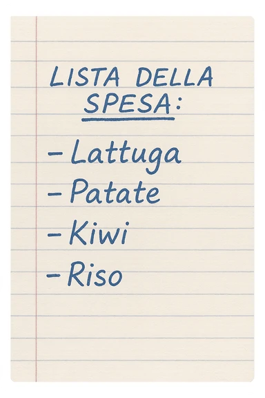 FOGLIO DI CARTA A RIGHE CON LISTA DELLA SPESA SCRITTA A PENNA:
"LISTA DELLA SPESA:
- Lattuga
- Patate
- Kiwi
- Riso", iperealistico 4k sticker