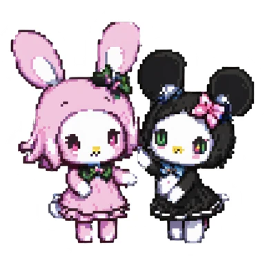 Kuromi and My Melody together, playful pose, simple background sticker