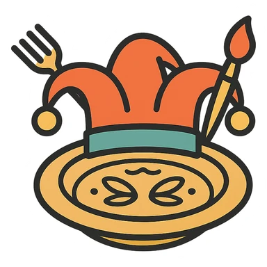 minimalist vector logo of a jester's hat with a fork and a paintbrush as two of the bells, sitting on a round plate with subtle hand-crafted ceramic patterns, warm and inviting flat colors, playful yet professional, creative culinary and pottery workshop sticker