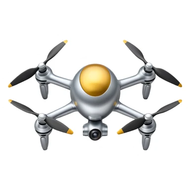 A futuristic drone emoji made of polished silver chrome, smooth rounded body, minimal propellers, reflective metallic surface, soft studio lighting, iOS emoji style, centered, clean white background sticker